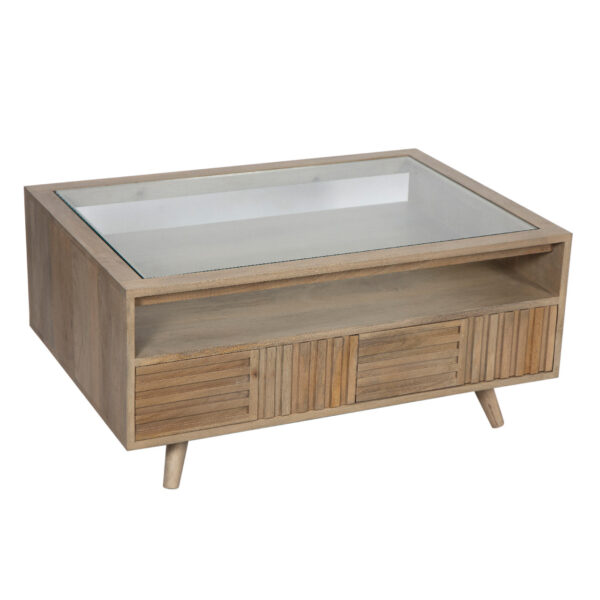 Alba Mango Wood Glass Top Coffee Table With 2 Derawer