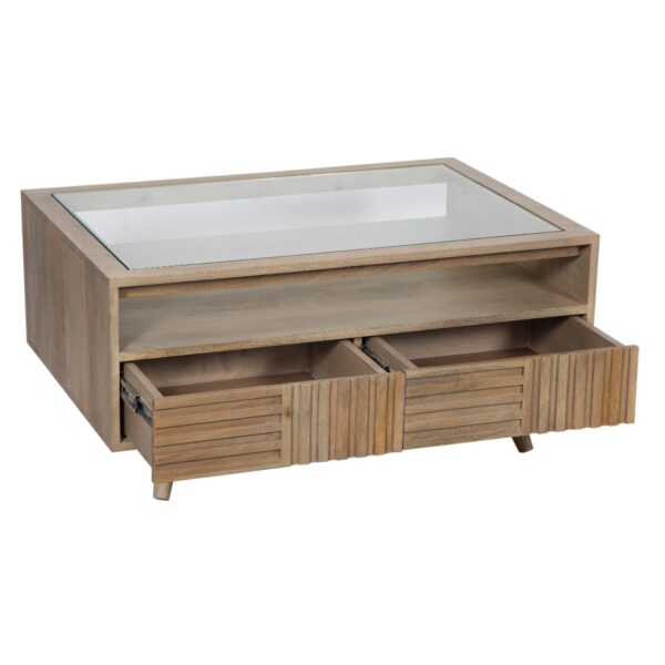 Alba Mango Wood Glass Top Coffee Table With 2 Derawer