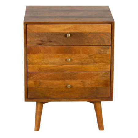 Burnaby Mid Century Mango Wood Side Table with 3 Drawers