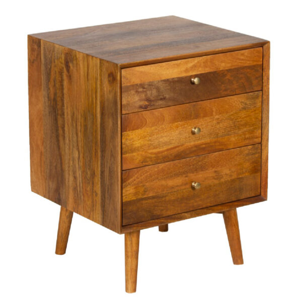 Burnaby Mid Century Mango Wood Side Table With 3 Drawers