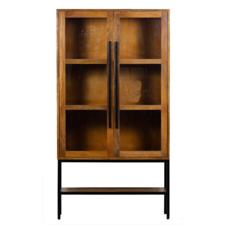 Chicago Mango Wood Glass 2 Door Metal Stand Cabinet