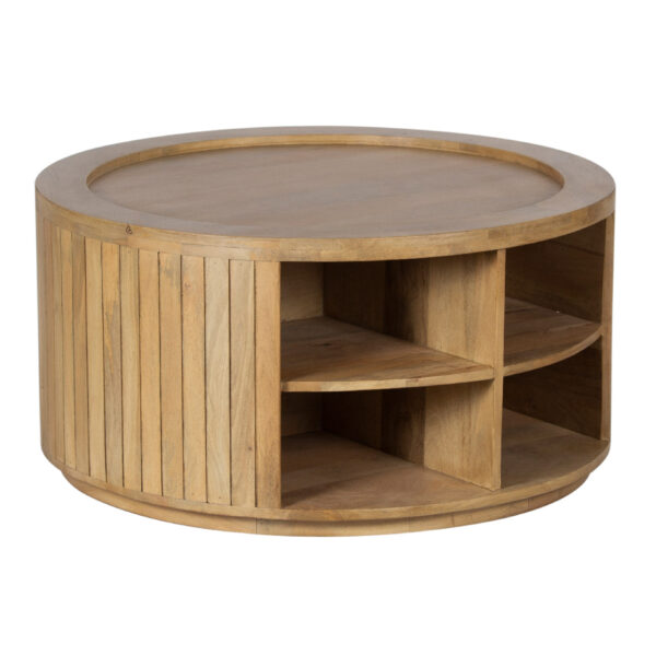 Elora Mango Wood Round Coffee Table With 4 Open Shelf