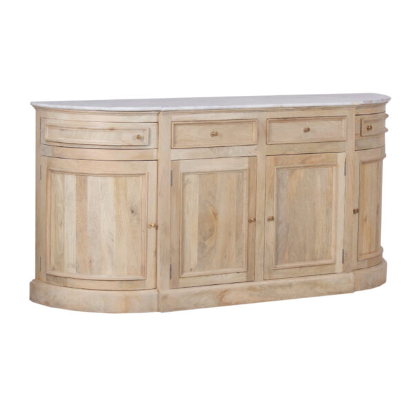 Kensington Mango Wood Marble Top Curved Buffet 4 Door 4 Drawer