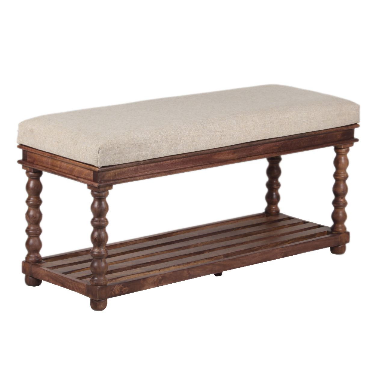 Manog Wood Bobbin Legs Bench With Shelf
